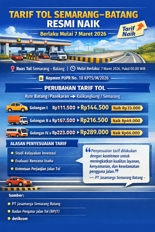Tarif Tol Semarang–Batang Resmi Naik Mulai 7 Maret 2026, Golongan I Tembus Rp144.500